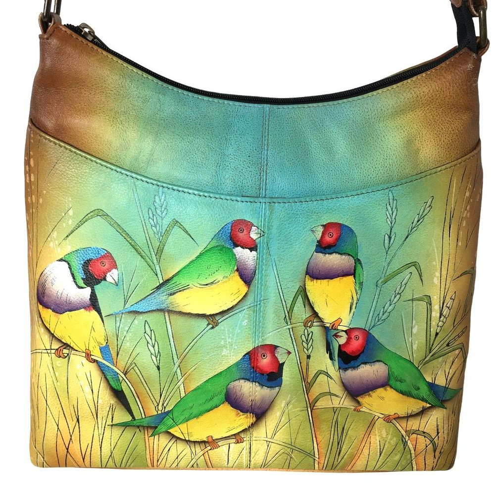 Anuschka Teal Green Yellow Multicolor Painted Birds Crossbody Bag